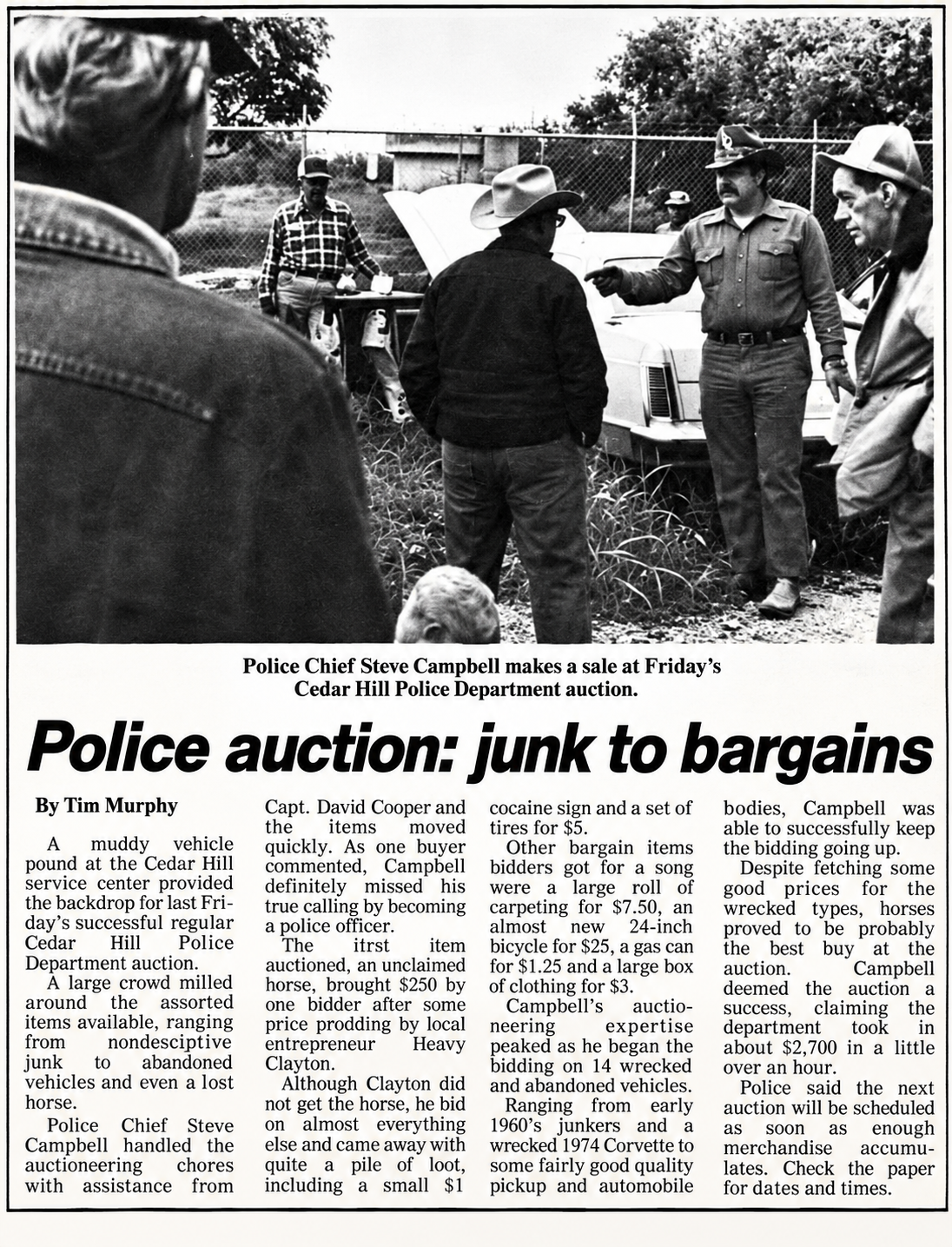 Cedar Hill Police Department auction 1981 — newspaper clipping showing Police Chief Steve Campbell conducting a surplus vehicle sale from the city vehicle pound.