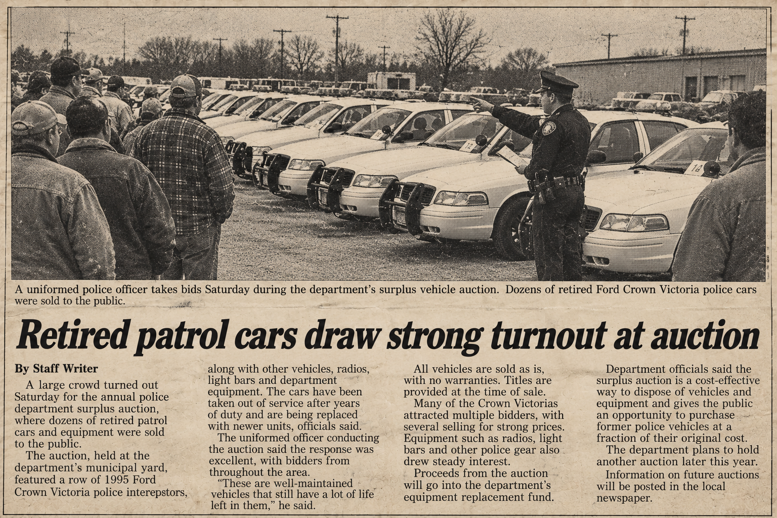 Illustration of a typical pre-Internet police surplus vehicle auction showing a police officer, bidders and rows of Crown Victoria patrol cars.