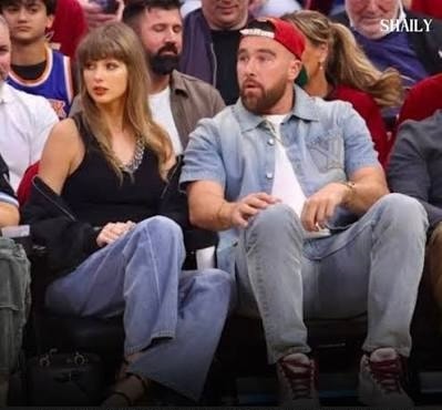 Taylor Swift and Travis Kelce courtside during Game 3 of the 2026 NBA Eastern Conference Finals in Cleveland.