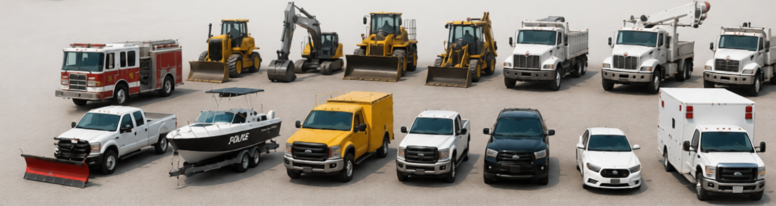 Government surplus vehicles, construction equipment, fire truck, police vehicles and utility trucks
