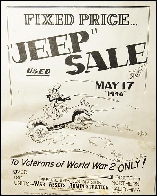 War Assets Administration fixed-price Jeep sale poster for World War II veterans 1946