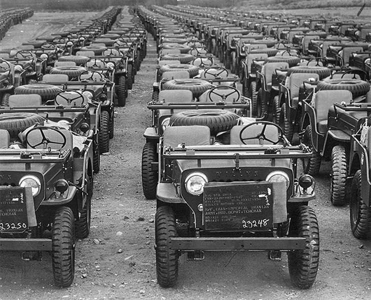 Surplus military Jeeps lined up for postwar disposal by the War Assets Administration