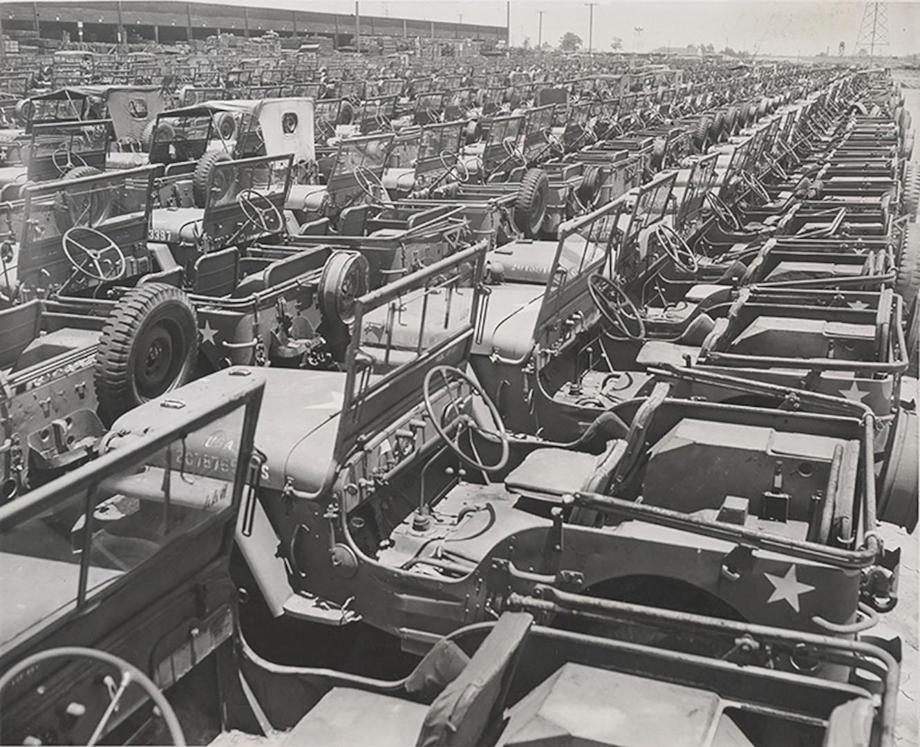 Rows of surplus military Jeeps awaiting postwar disposal