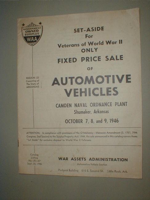 War Assets Administration automotive vehicle sale catalog from 1946