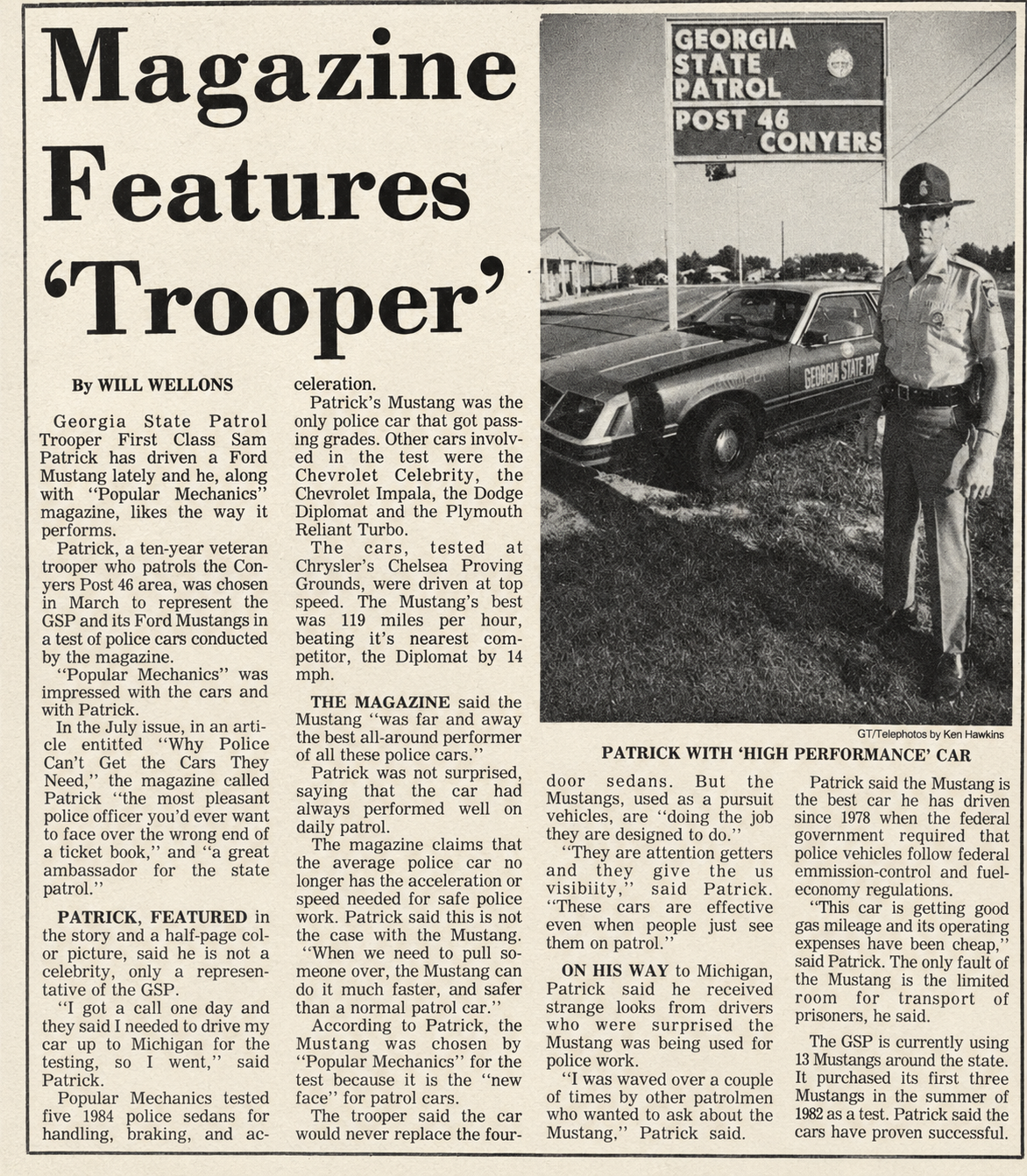 Magazine article: Georgia State Patrol trooper Sam Patrick featured in Popular Mechanics alongside his Ford Mustang patrol car at Post 46, Conyers