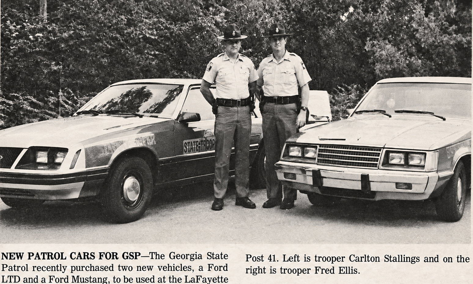 Georgia State Patrol troopers Carlton Stallings and Fred Ellis with a Ford Mustang and Ford LTD at LaFayette Post 41