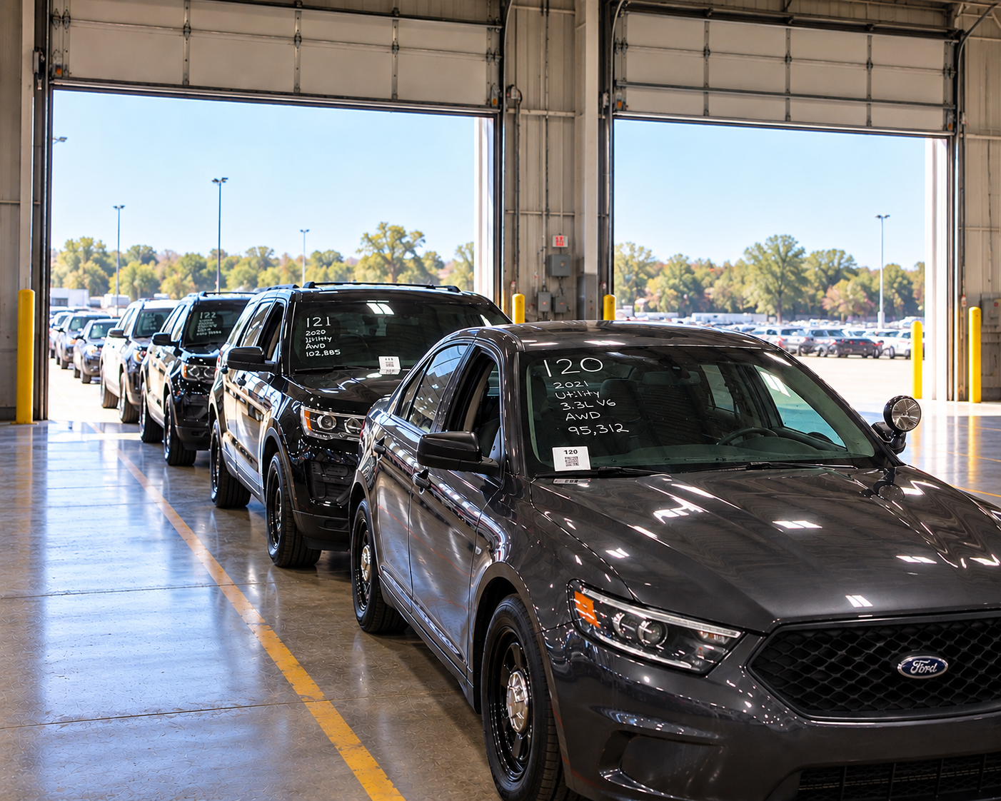 Government-style vehicles staged inside an auction facility before sale