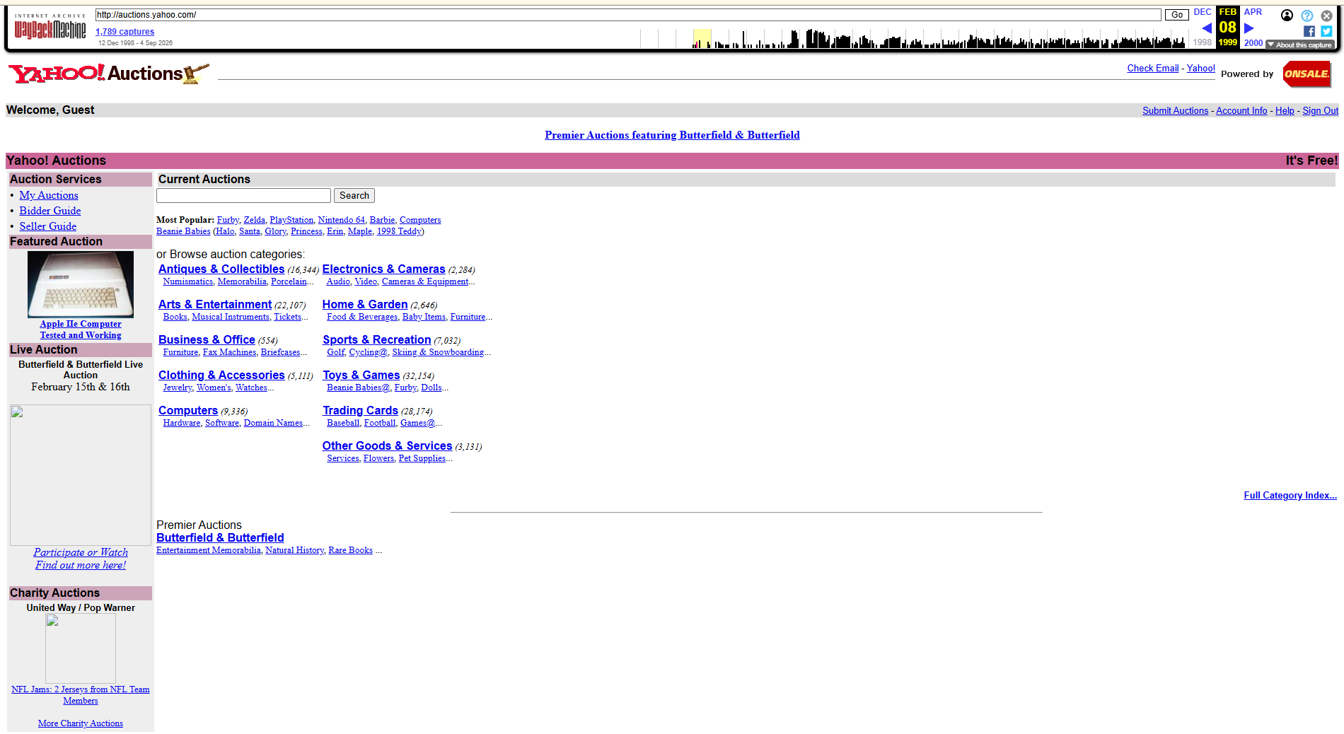 Original Yahoo Auctions homepage in February 1999