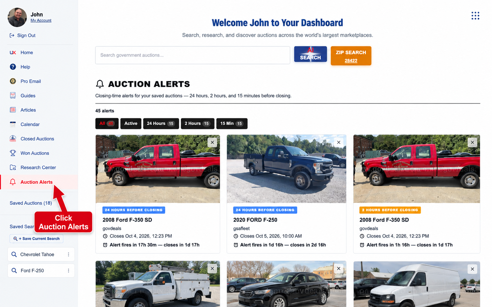 Saved auctions and auction alerts in the UX Auctions dashboard