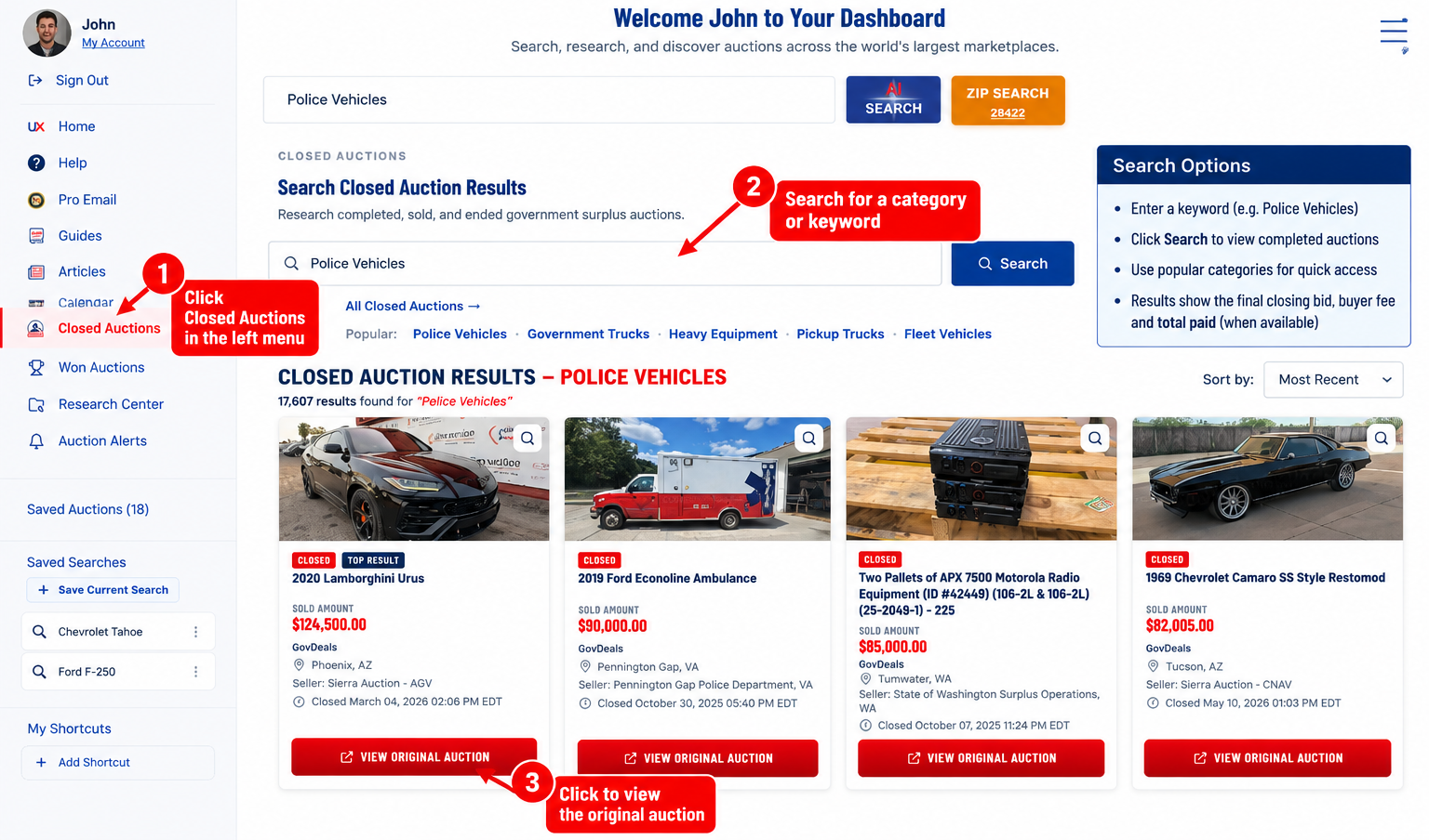 Closed auction results in the UX Auctions dashboard
