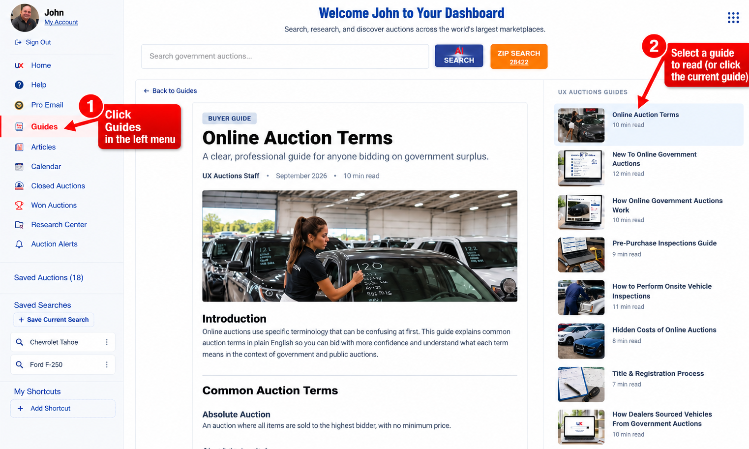 Buying guides and articles in the UX Auctions dashboard