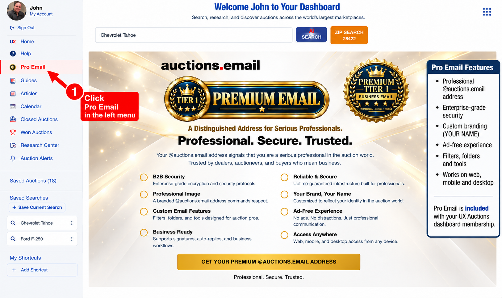 Pro Email in the UX Auctions dashboard