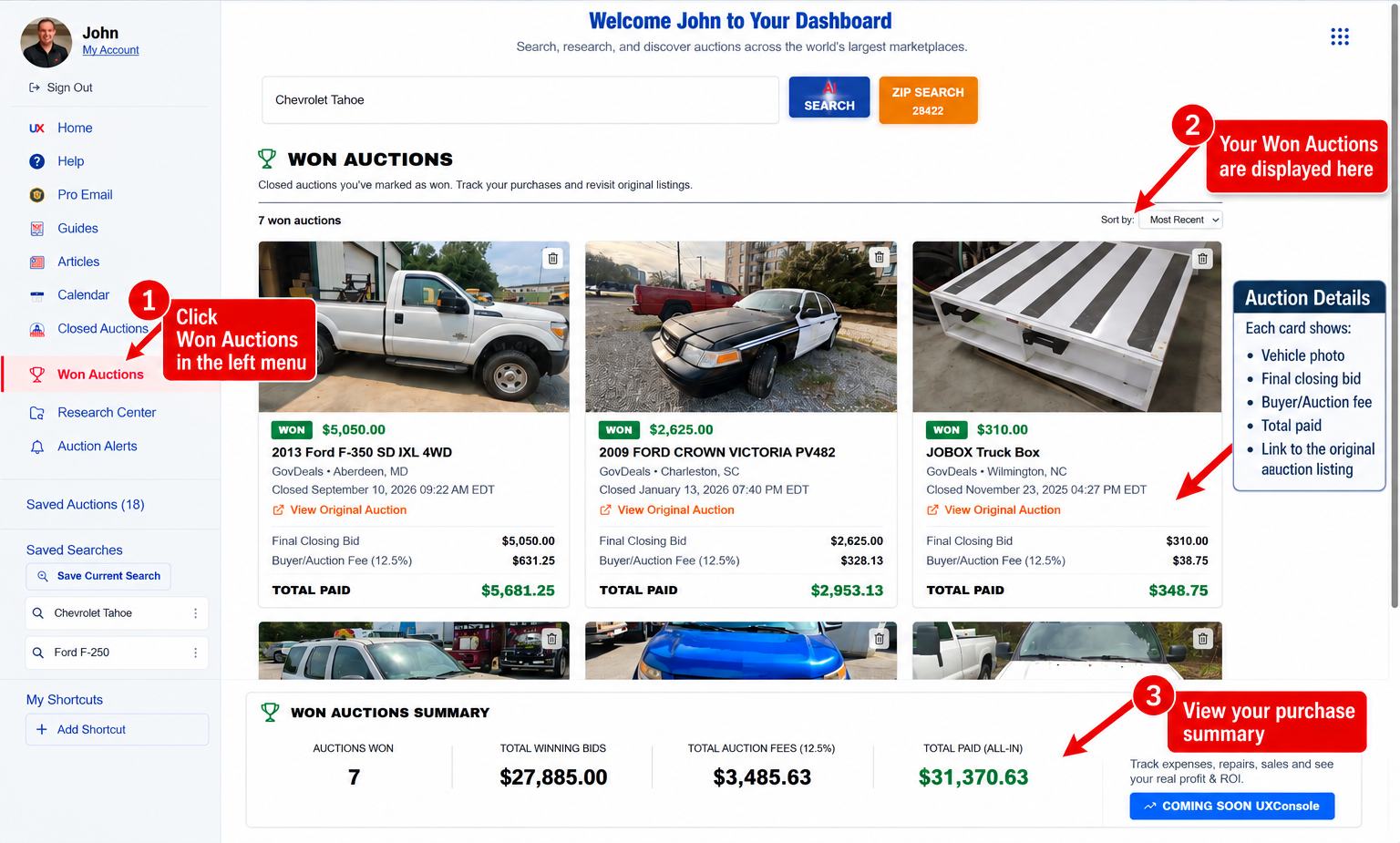 Won auctions summary in the UX Auctions dashboard
