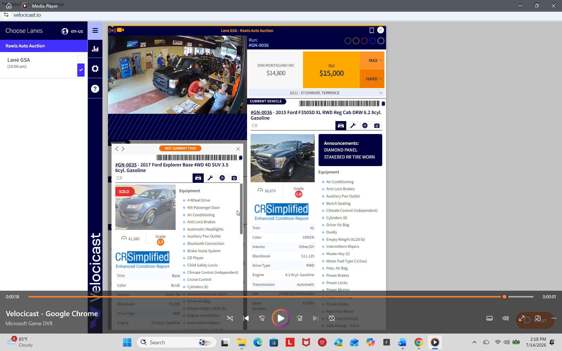Live GSA Fleet auction bidding screen showing bidder number 6211, auction lane video, current bid, vehicle information, and upcoming vehicles