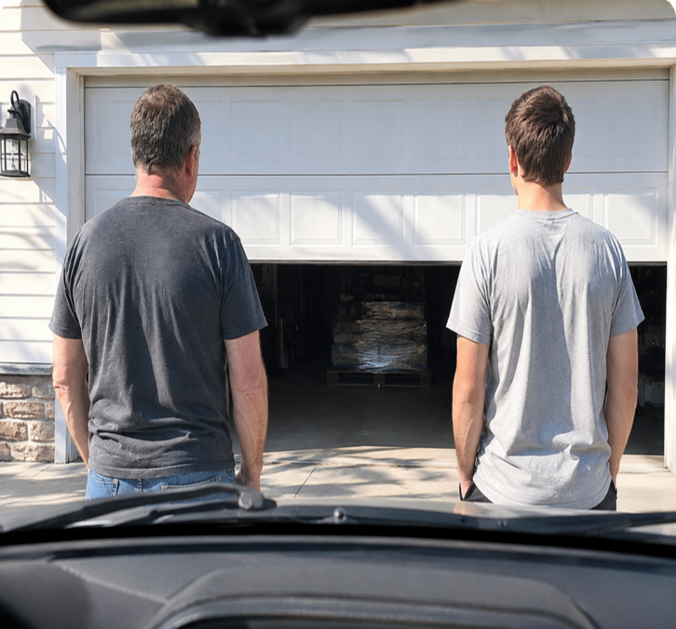 Mark and his college-age son watch as a garage door opens to reveal a pallet purchased through a government surplus auction.