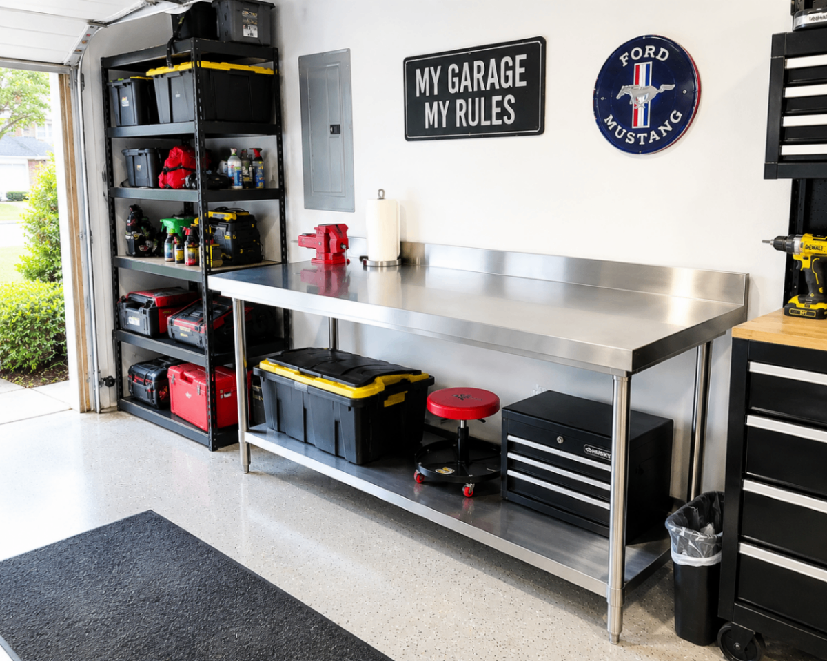 Stainless steel commercial work table set up as a garage workbench — won at government surplus auction for $120