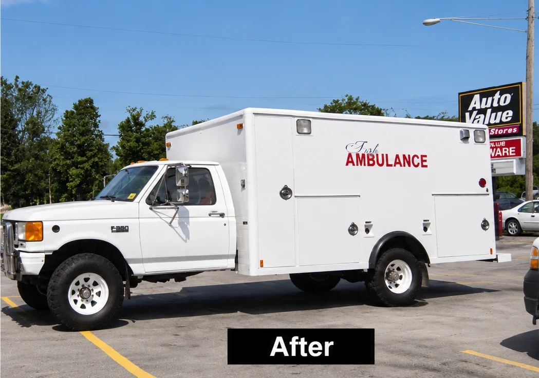 Before and after: a 4x4 Ford F-350 ambulance in its emergency markings, and the same truck stripped down to a clean white body for its new life.