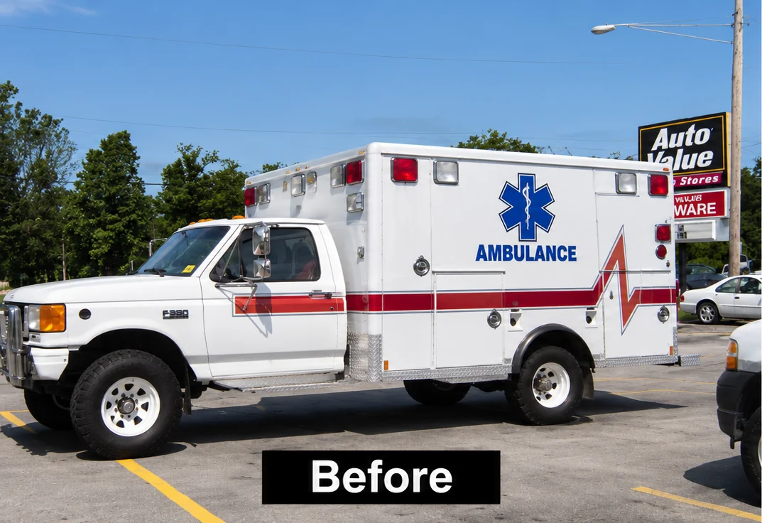 Before and after: a 4x4 Ford F-350 ambulance in its emergency markings, and the same truck stripped down to a clean white body for its new life.