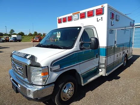 A 2013 Ford E450 Lifeline ambulance retired by Lodi Area EMS and offered at Wisconsin Surplus in October 2026.