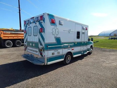A 2013 Ford E450 Lifeline ambulance retired by Lodi Area EMS and offered at Wisconsin Surplus in October 2026.