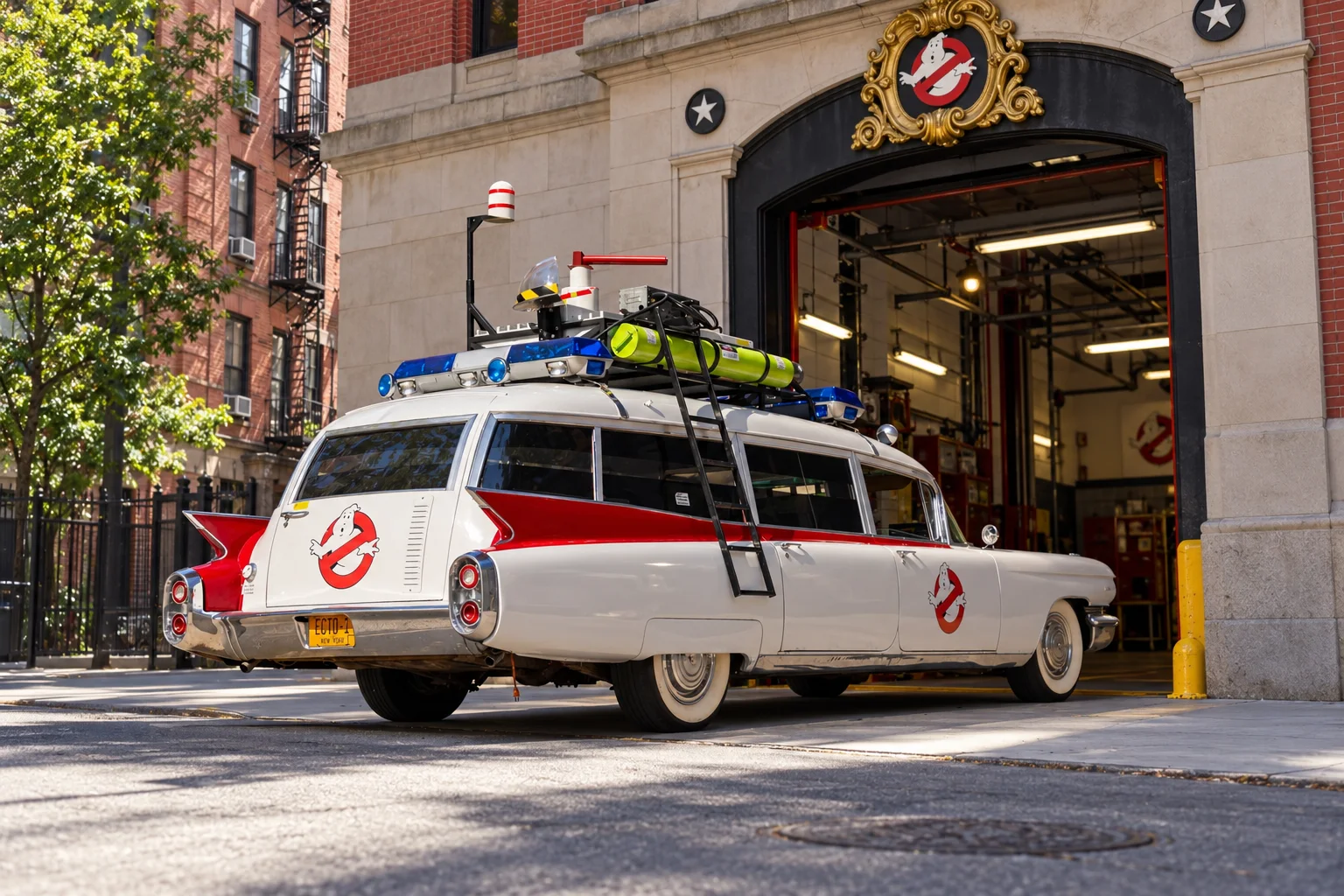 An Ecto-1 re-creation parked outside a Ghostbusters-style firehouse