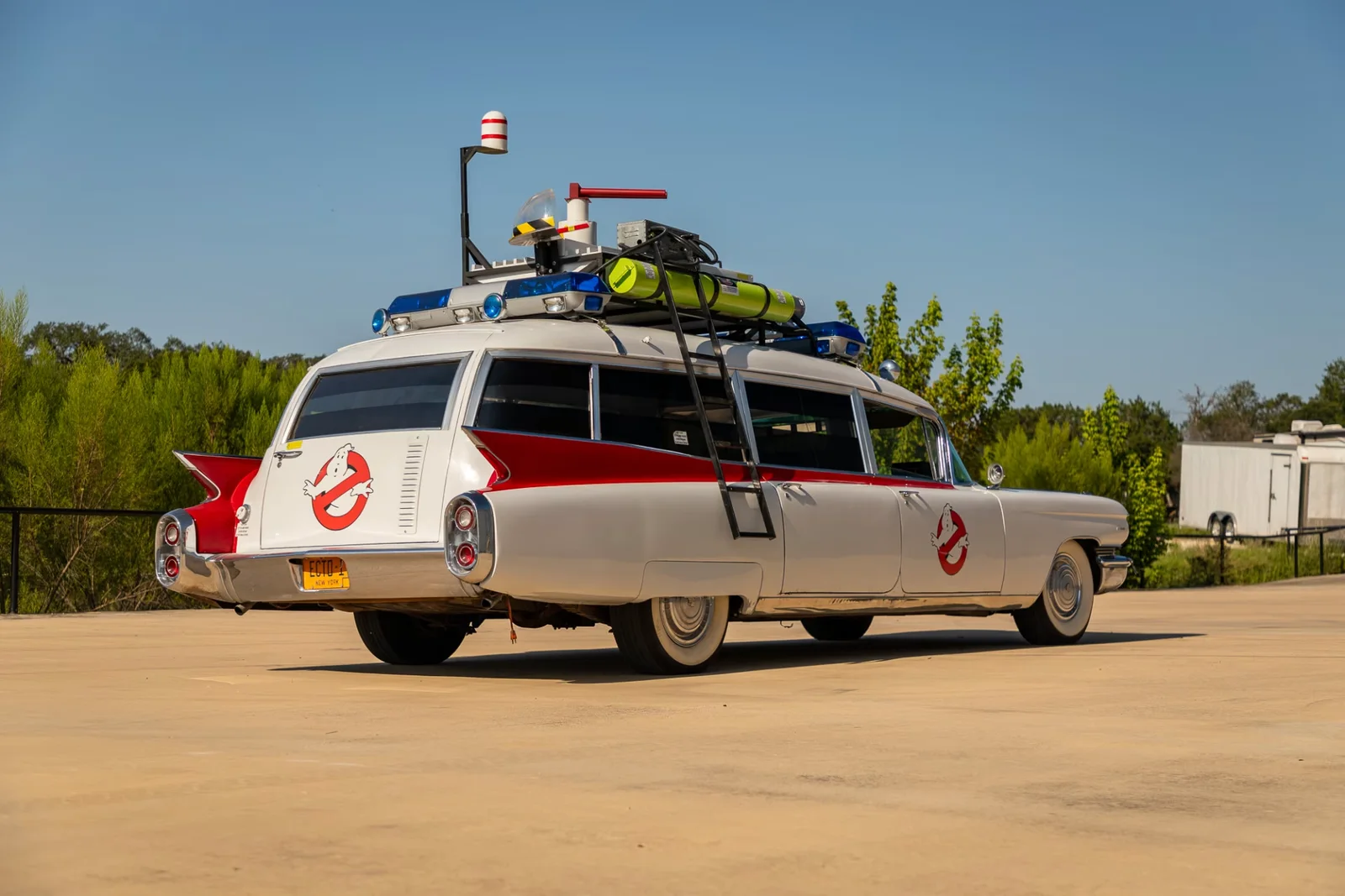 A 1959 Cadillac Ectomobile re-creation, with its roof rack, light bars, tailfins and no-ghost logos.