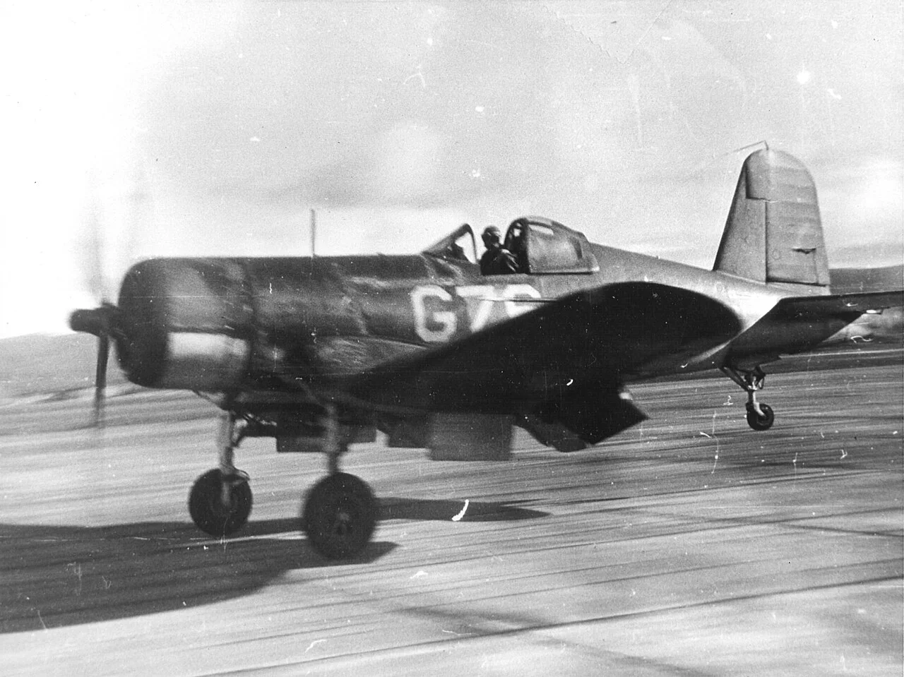 A Marine F4U-1A Corsair of VMF-121 landing at MCAS El Toro in 1944