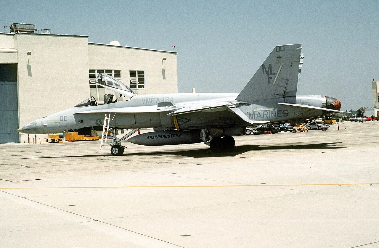 A Marine F/A-18A Hornet of VMFA-134 on the El Toro flight line in 1993