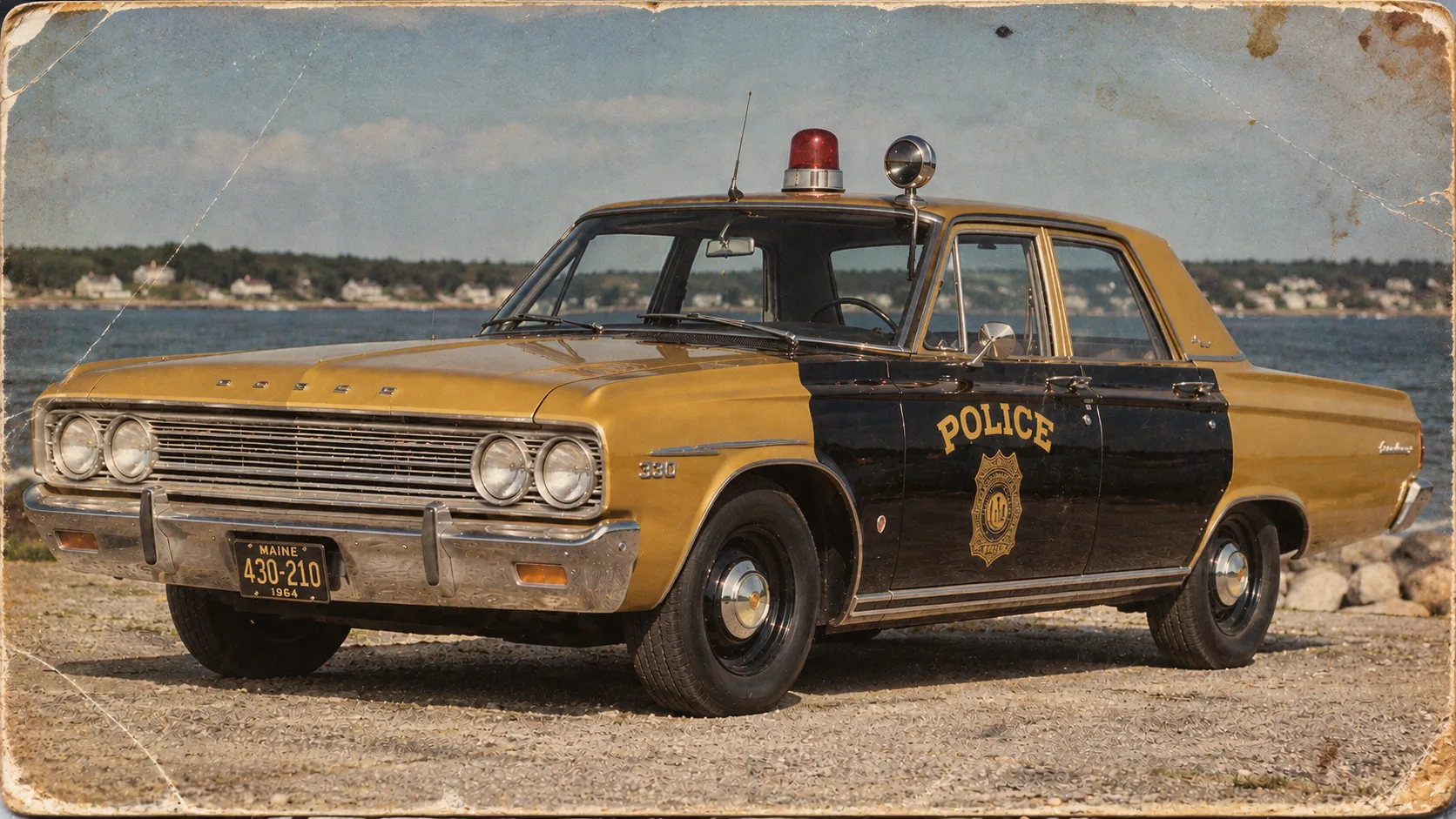 A vintage-style postcard of a black-and-gold 1964 Dodge police car by the shore