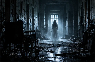 A ghostly figure at the end of an empty asylum hallway beside a wheelchair