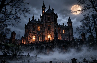 A dark castle glowing under a full moon