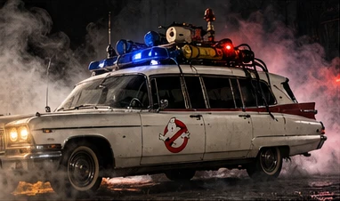 An Ectomobile racing through red and blue smoke at night