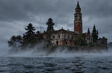 An island with a bell tower rising out of the fog