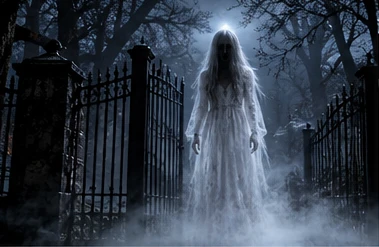 A ghostly woman in white standing at an iron gate in the fog