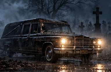 An old hearse with glowing headlights in a foggy graveyard