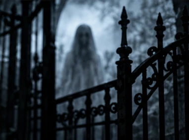A ghost behind a tall iron cemetery gate