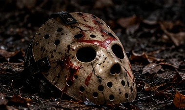 A battered hockey mask lying in the autumn leaves