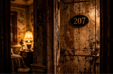 The worn door of Room 207 lit by a single lamp