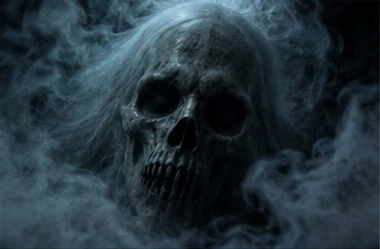 A skull drifting in grey smoke