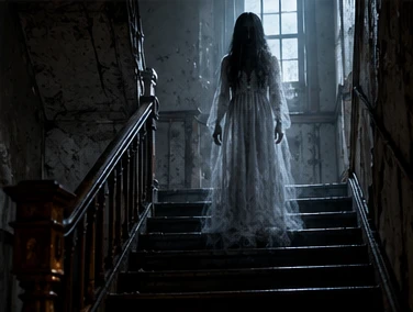 A pale woman in white standing on a dark staircase