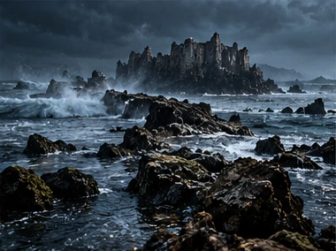 Storm waves crashing over rocks and ruins at sea