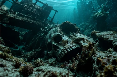 A skull resting in a sunken shipwreck