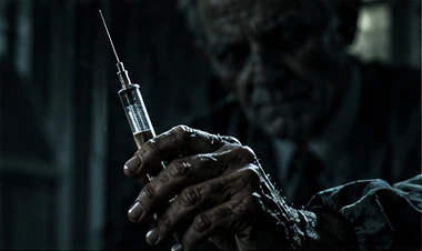 A shadowy hand holding a syringe in the dark