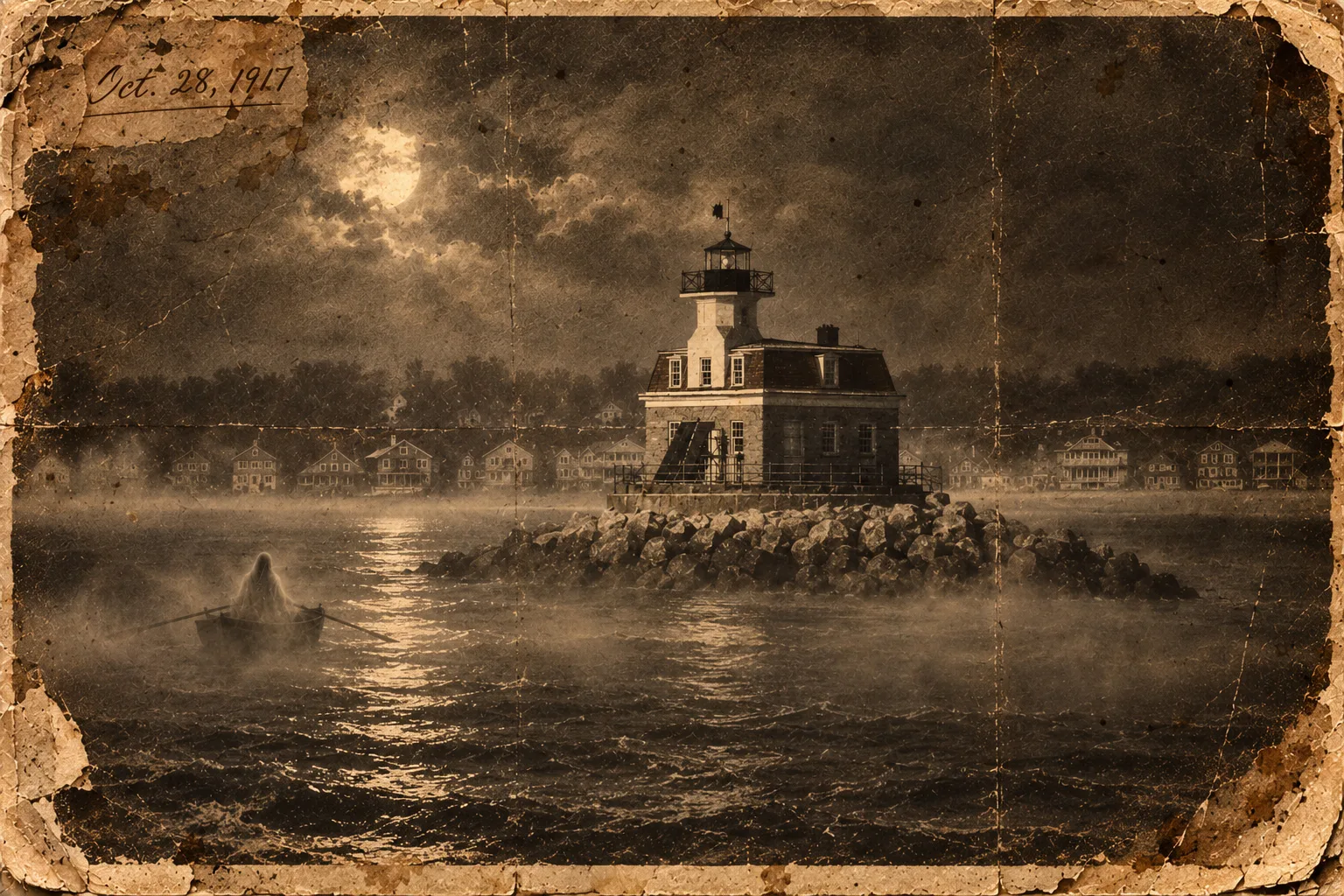 An illustration of a ghostly figure rowing through the fog toward Penfield Reef Lighthouse under a full moon
