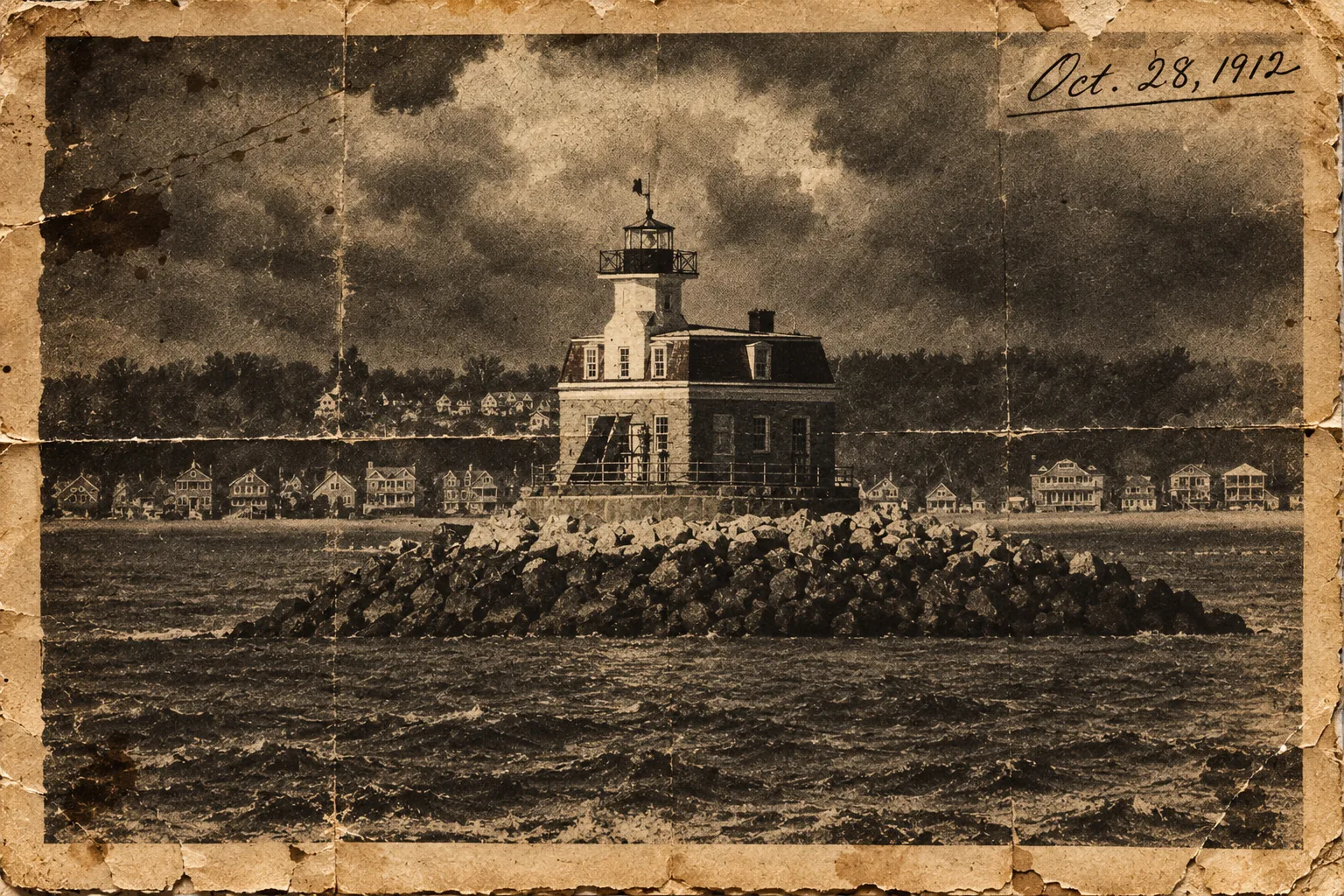 Penfield Reef Lighthouse in a vintage-style postcard, with storm clouds over the Fairfield shoreline