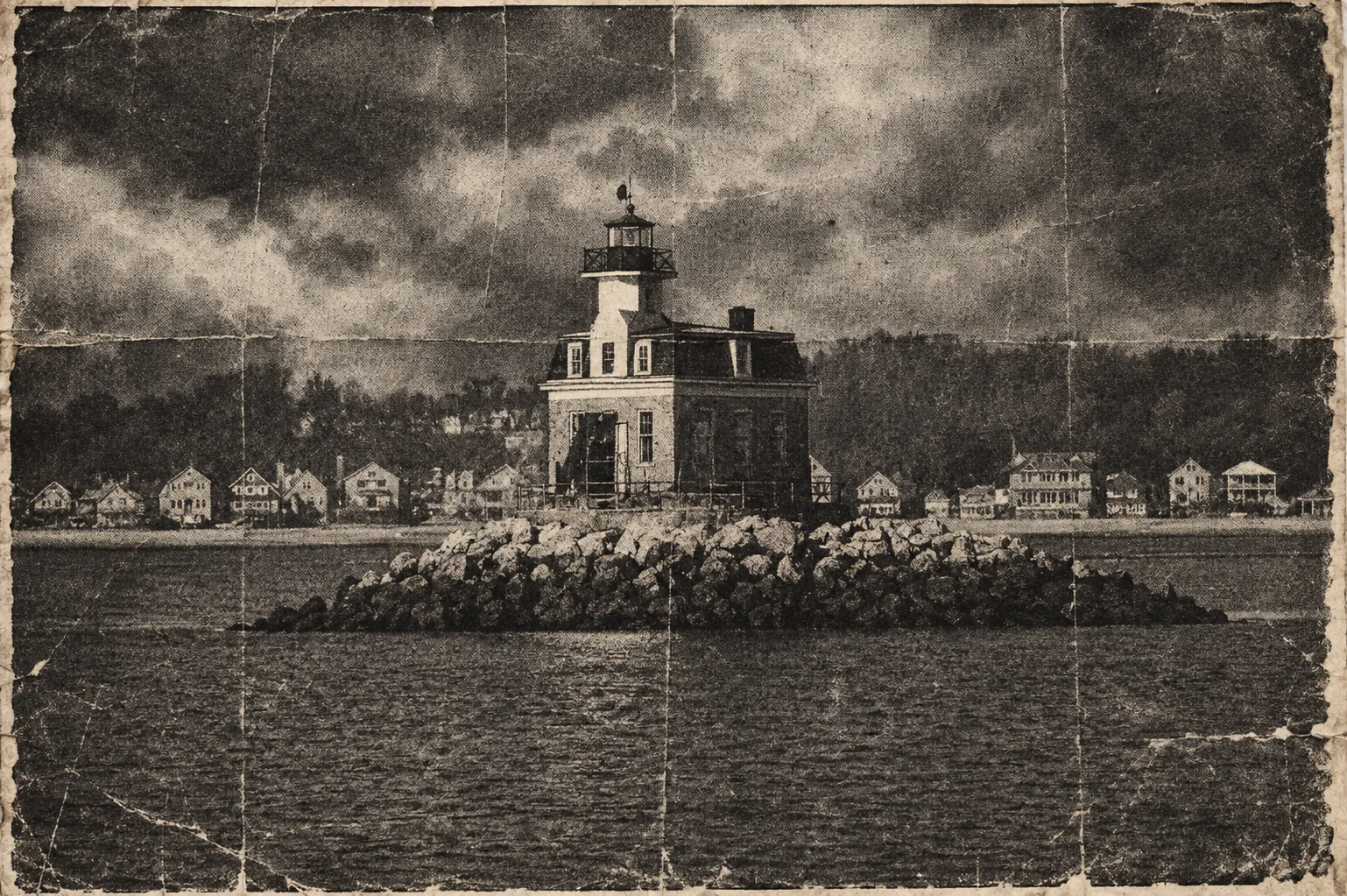 Penfield Reef Lighthouse under dark storm clouds in a vintage-style image