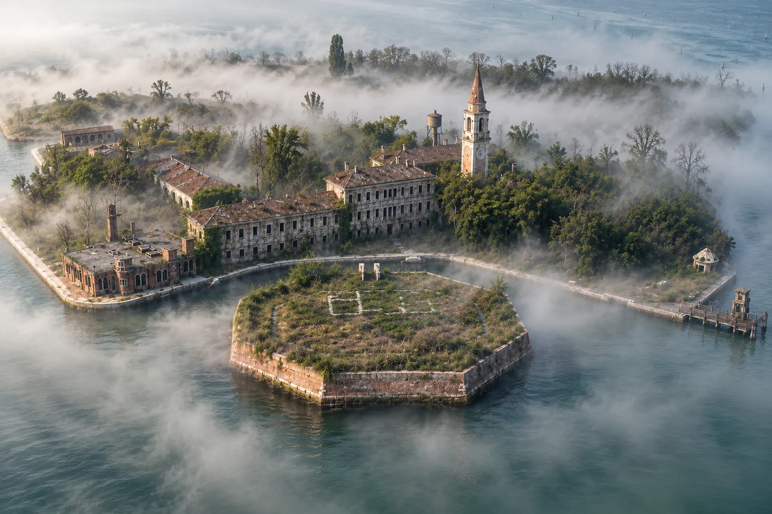 Poveglia wrapped in fog, with its bell tower and octagonal fort rising above the mist