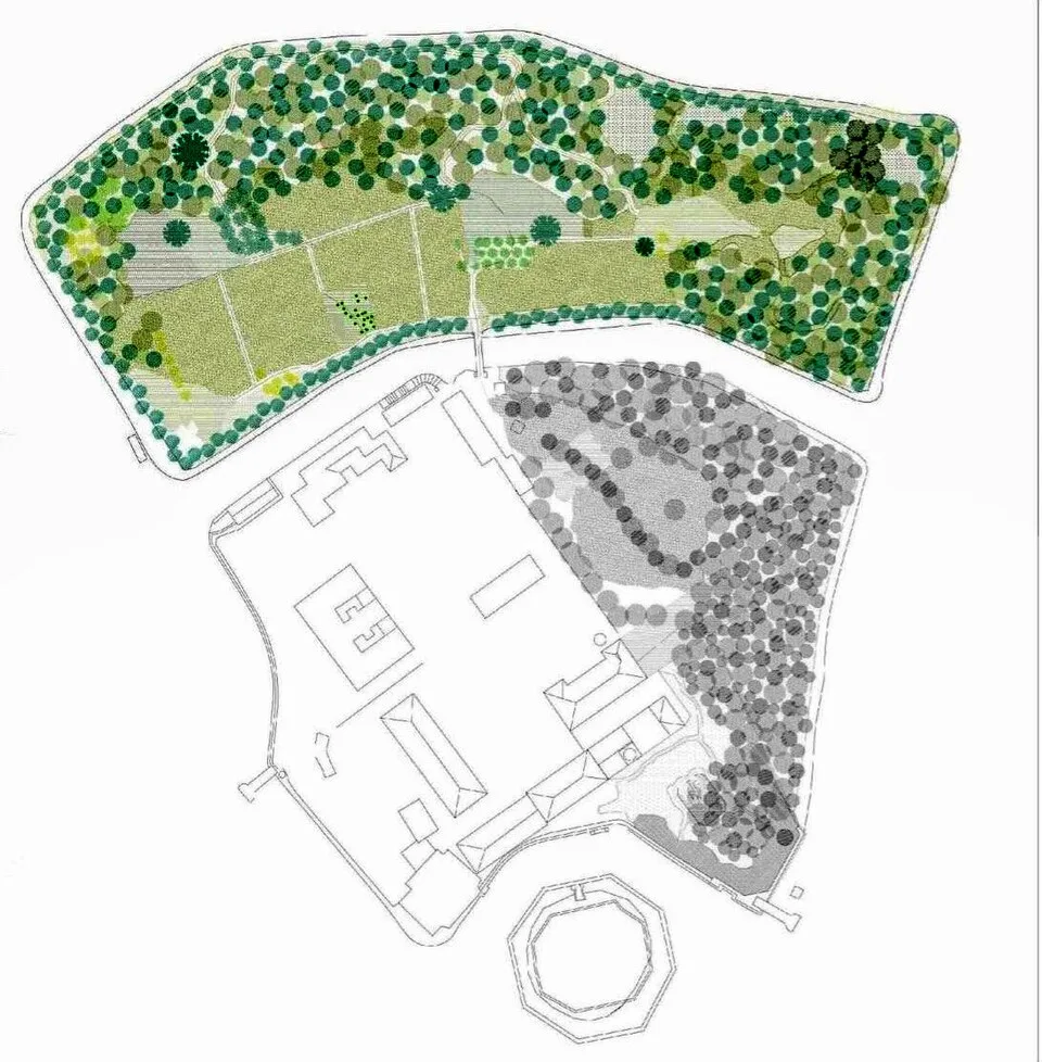 A plan drawing of Poveglia showing the planned park with trees and lawns on the northern part of the island