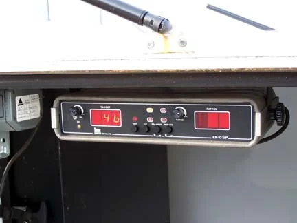 The radar unit inside the trailer's cabinet reading a target speed of 46