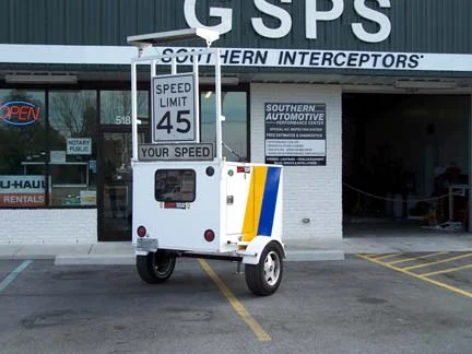 The radar speed trailer parked in front of the Southern Interceptors building
